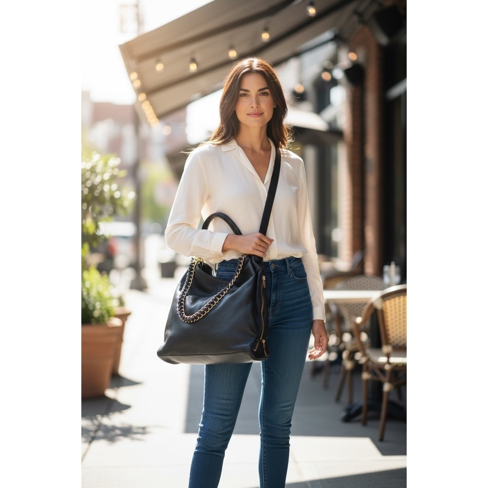 Charming Charlie Hobo Slouch Vegan Leather Bag Grey Handles And Chain Strap